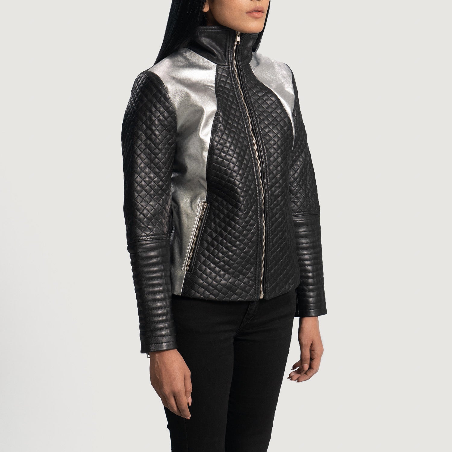 Alia Metallic Black Leather Biker Jacket 2