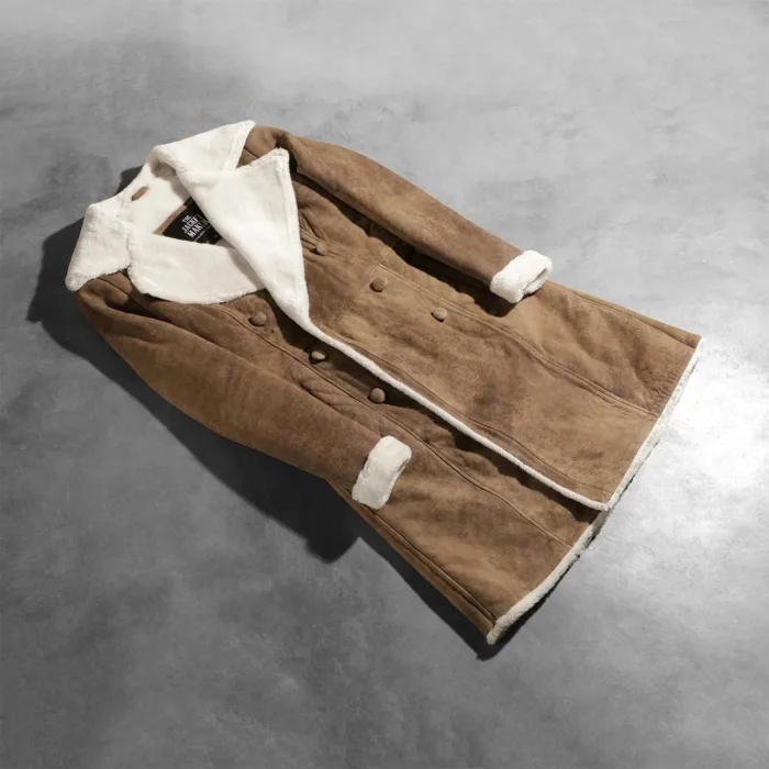 Amie Distressed Brown Double Breasted Shearling Coat 7