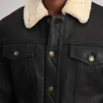 Dallis Distressed Black Leather Shearling Trucker Jacket 6