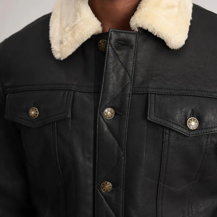 Dallis Distressed Black Leather Shearling Trucker Jacket 6