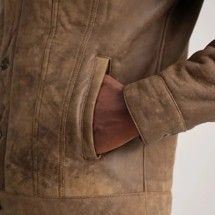 Dallis Distressed Brown Leather Shearling Trucker Jacket 6