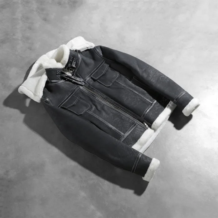 Fiona Black Hooded Shearling Leather Jacket 7