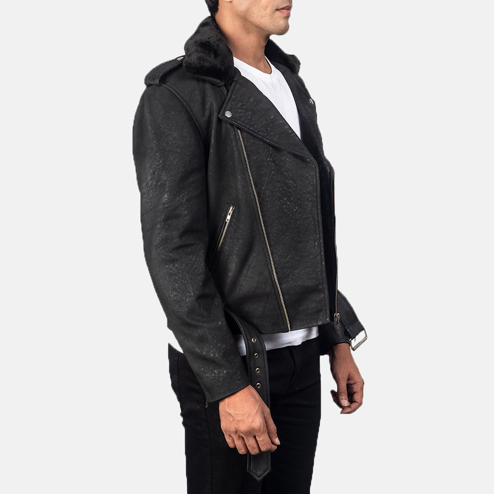 Furton Disressed Black Leather Biker Jacket 2