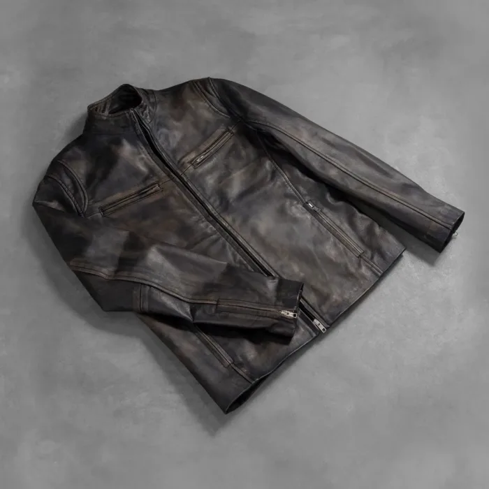 Ionic Distressed Brown Leather Biker Jacket 7