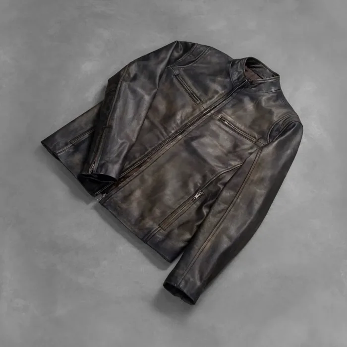 Ionic Distressed Brown Leather Biker Jacket 8