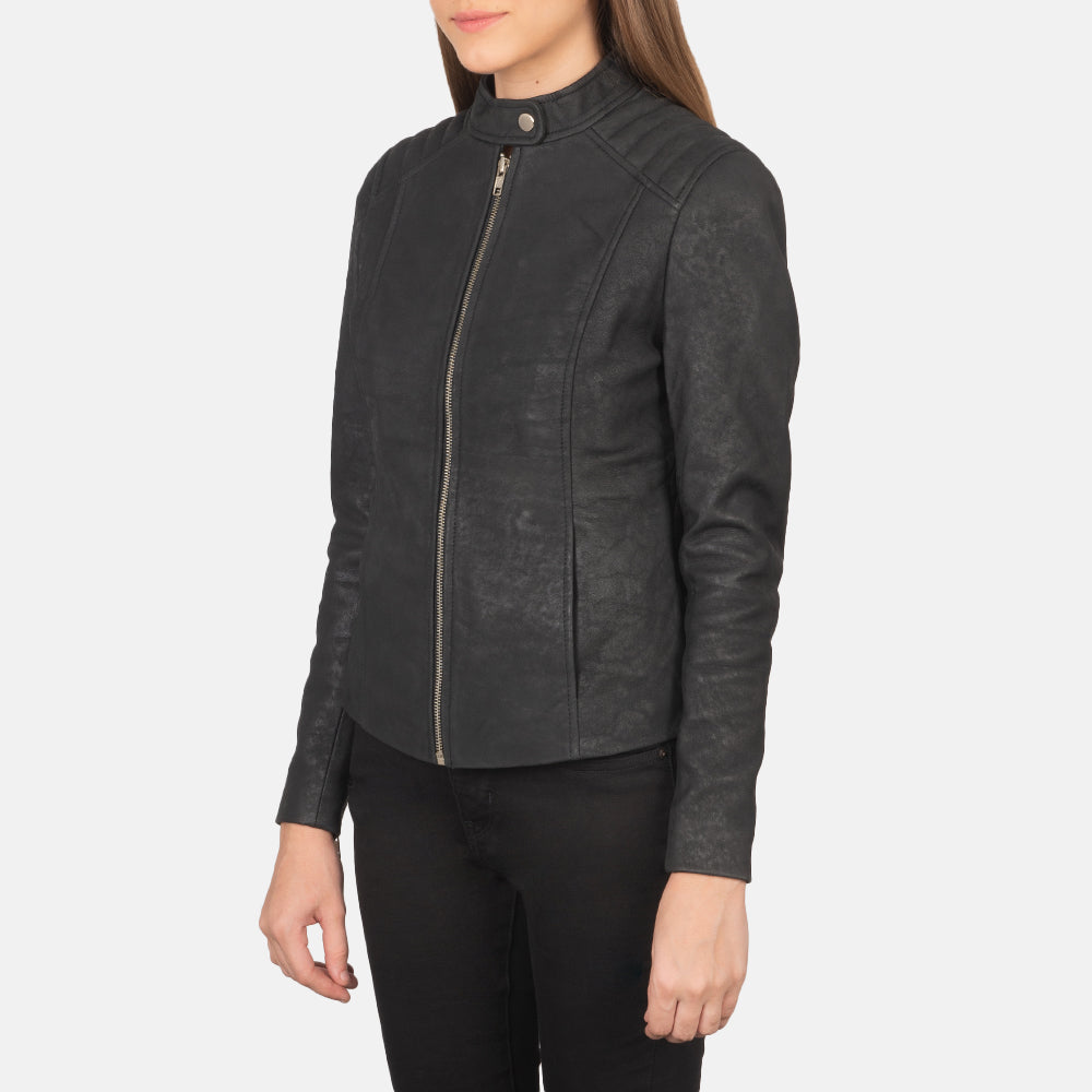 Kelsee Distressed Black Leather Biker Jacket 2