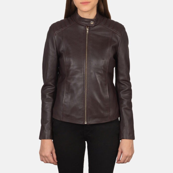 Kelsee Maroon Leather Biker Jacket 4