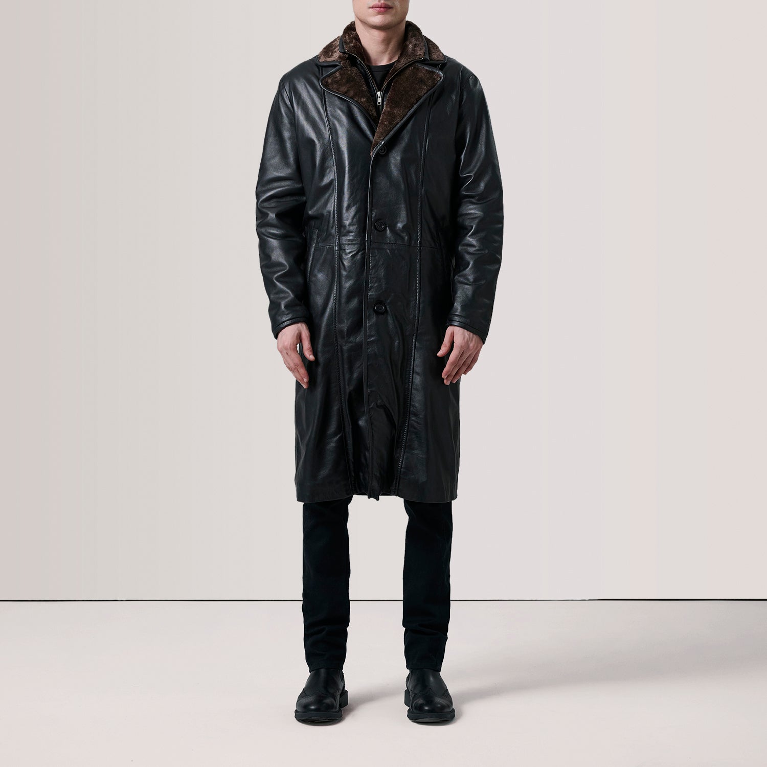 Cai Black Leather Shearling Coat 2