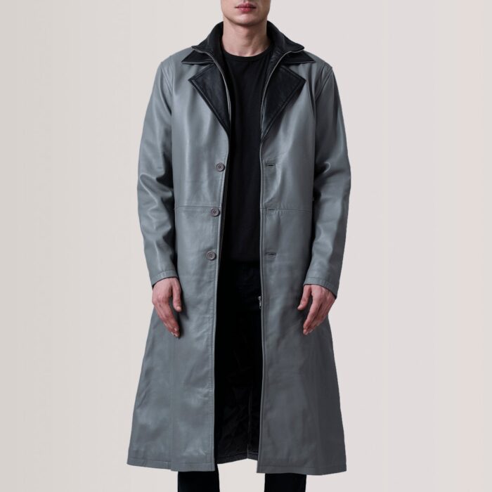 Charlton Grey Leather Single Breasted Coat 5