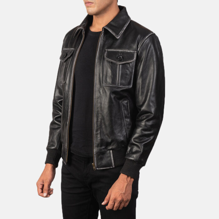 Aaron Black Leather Bomber Jacket 2