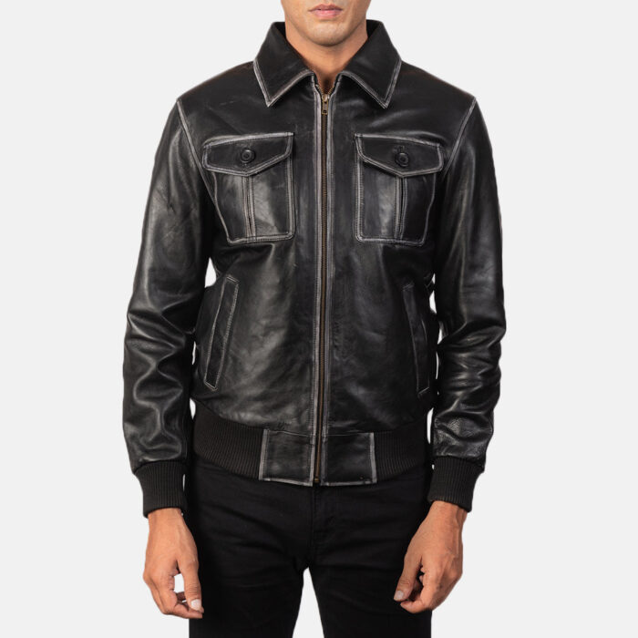 Aaron Black Leather Bomber Jacket 4
