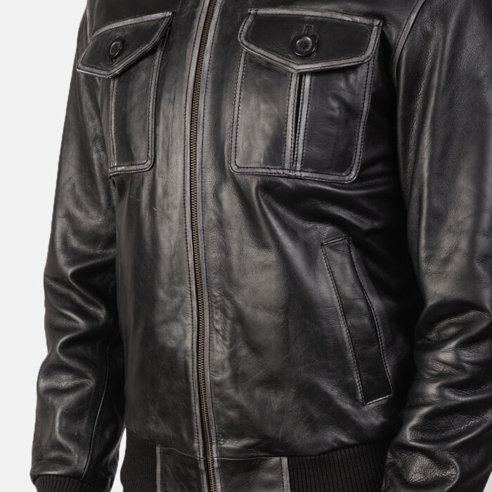 Aaron Black Leather Bomber Jacket 6