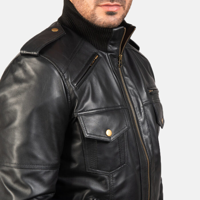 Agent Shadow Black Leather Bomber Jacket 6