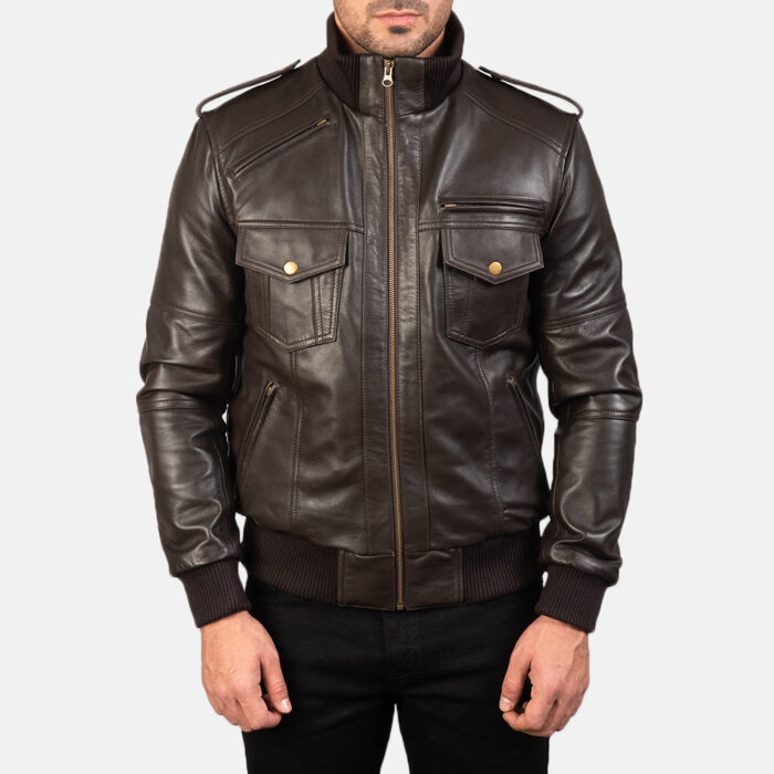 Agent Shadow Brown Leather Bomber Jacket 4