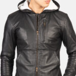 Baston Black Hooded Leather Bomber Jacket 6
