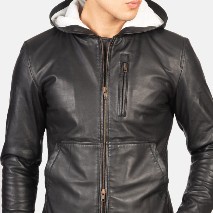 Baston Black Hooded Leather Bomber Jacket 6