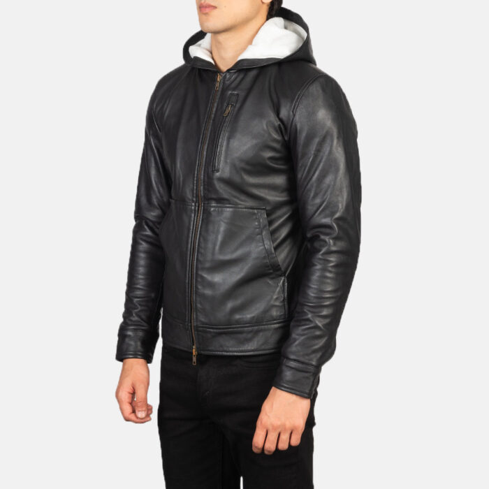 Baston Black Hooded Leather Bomber Jacket 2