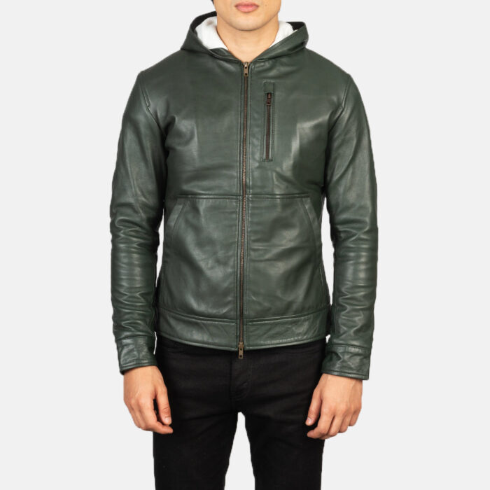 Baston Green Hooded Leather Bomber Jacket 4