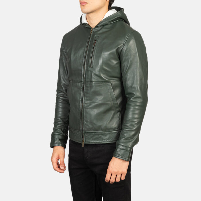 Baston Green Hooded Leather Bomber Jacket 2