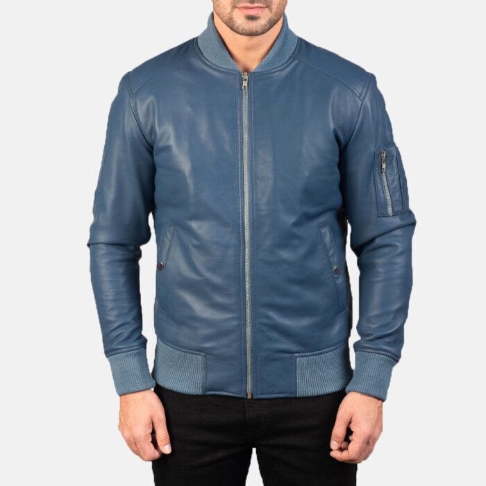 Bomia Ma-1 Blue Leather Bomber Jacket 4