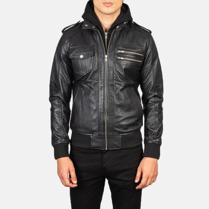 Bravado Black Hooded Leather Bomber Jacket 4