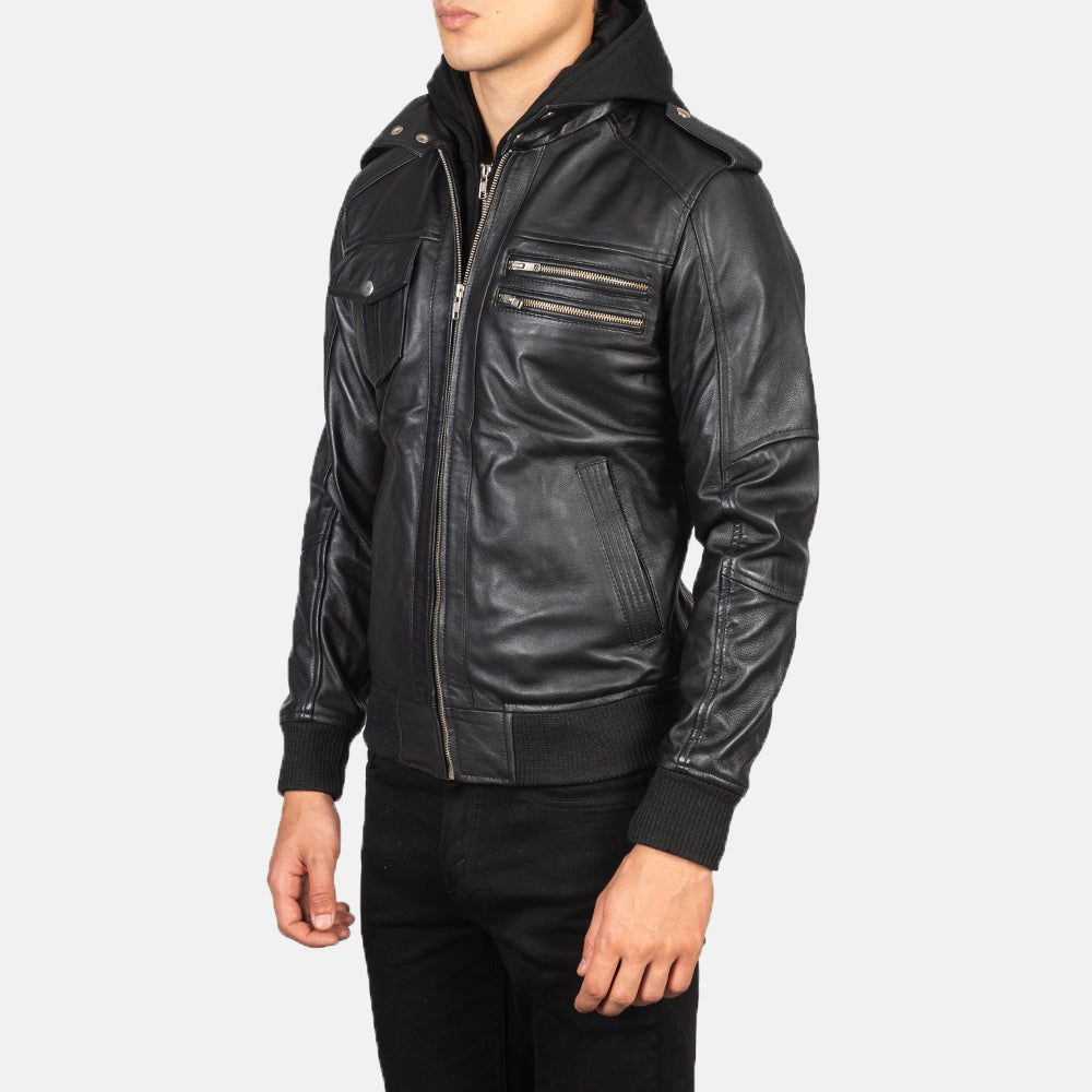 Bravado Black Hooded Leather Bomber Jacket 2