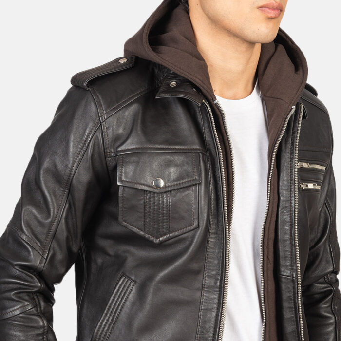 Bravado Brown Hooded Leather Bomber Jacket 6