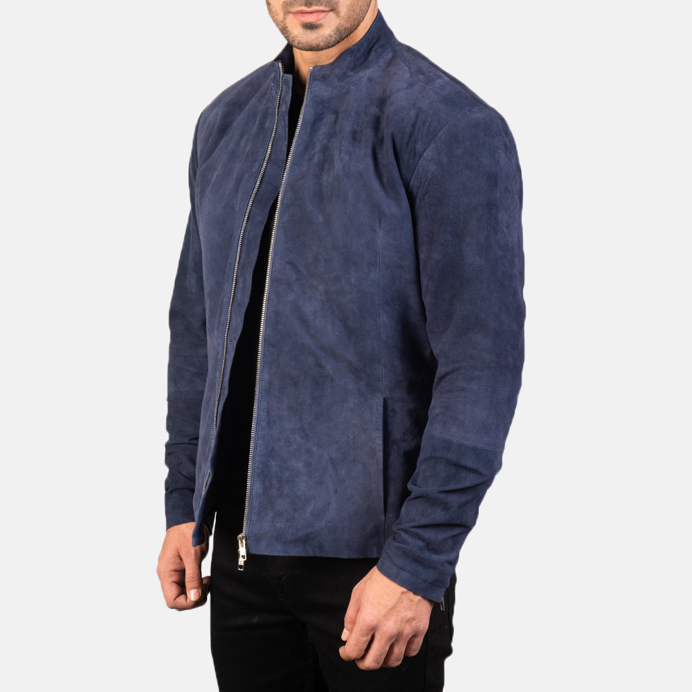 Charcoal Navy Blue Suede Biker Jacket 2