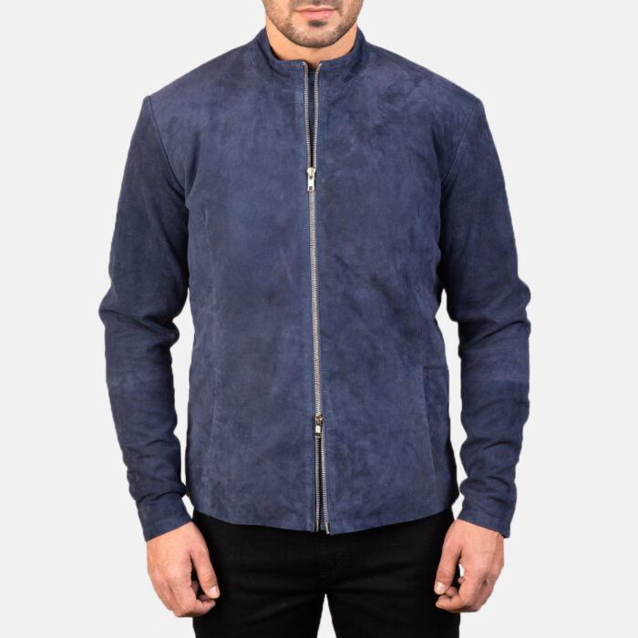 Charcoal Navy Blue Suede Biker Jacket 4