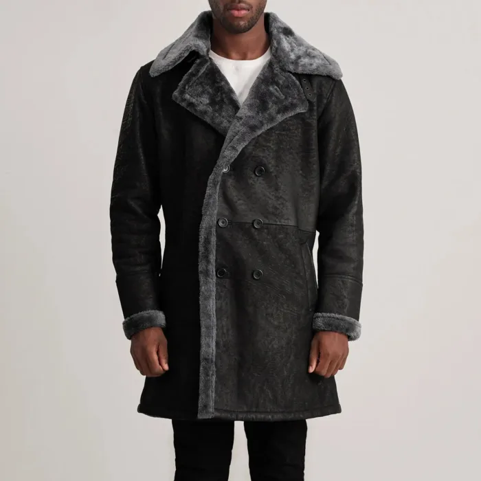 Charles Distressed Black Leather Shearling Double-Breasted Coat 4