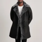 Charles Distressed Black Leather Shearling Double-Breasted Coat