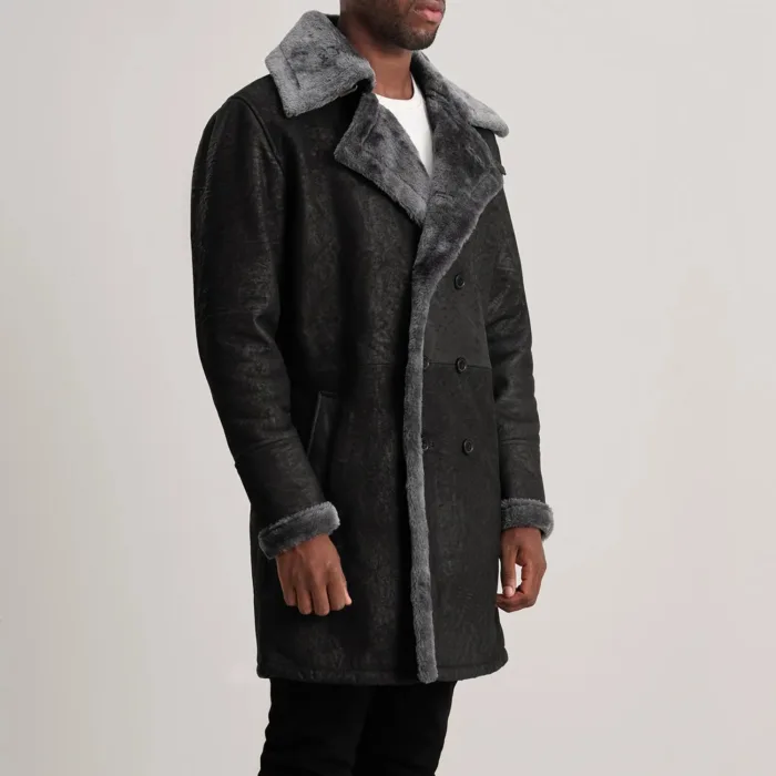 Charles Distressed Black Leather Shearling Double-Breasted Coat 2