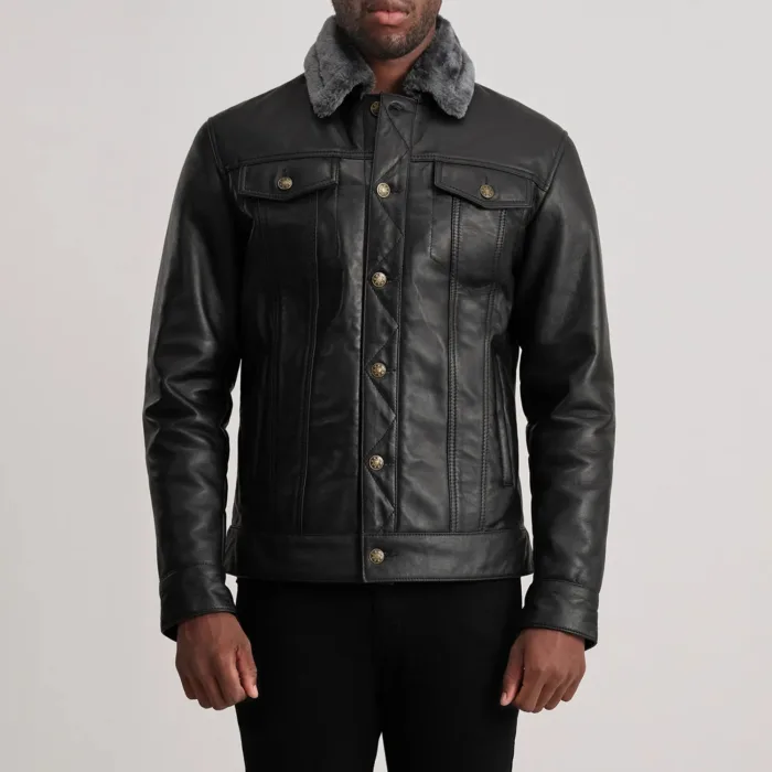 Dallis Black Leather Shearling Trucker Jacket 4