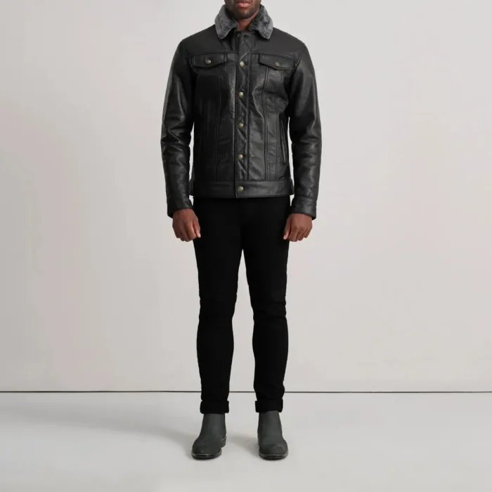 Dallis Black Leather Shearling Trucker Jacket 3