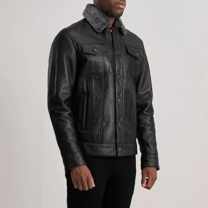 Dallis Black Leather Shearling Trucker Jacket 2