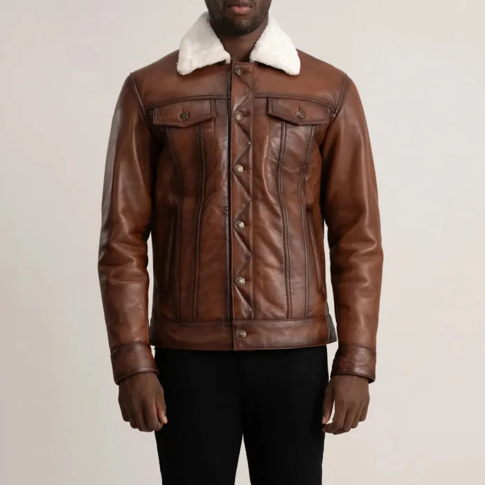Dallis Brown Leather Shearling Trucker Jacket 4