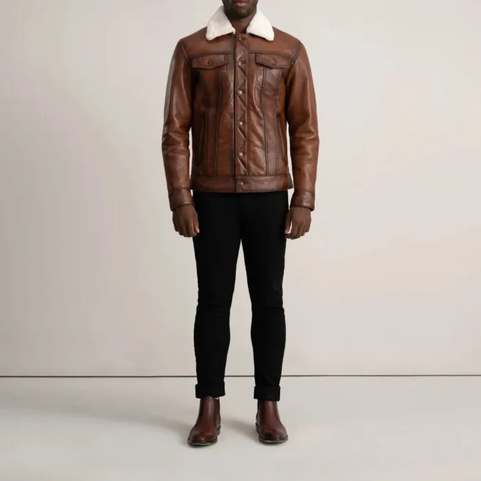 Dallis Brown Leather Shearling Trucker Jacket 3