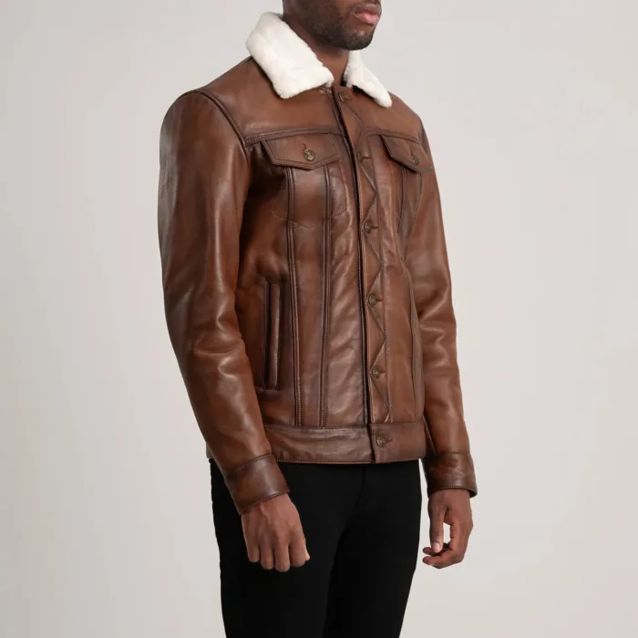 Dallis Brown Leather Shearling Trucker Jacket 2