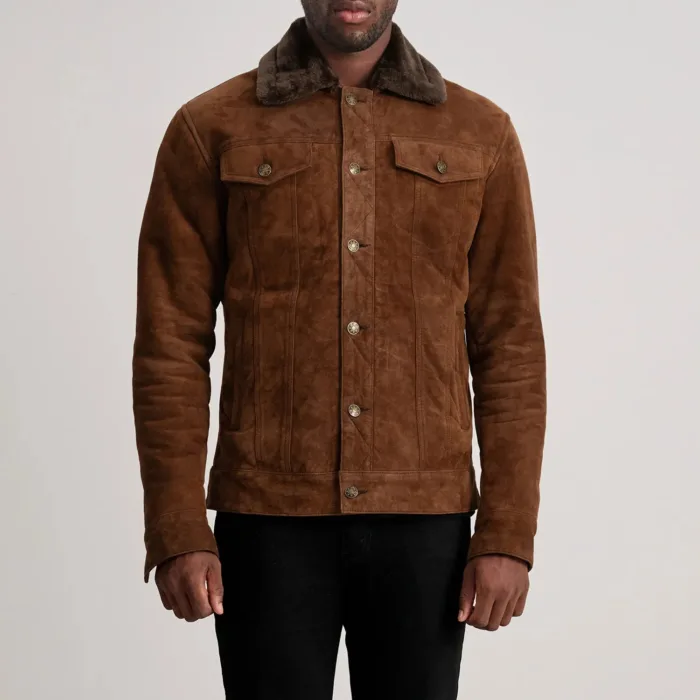 Dallis Brown Suede Shearling Trucker Jacket 4