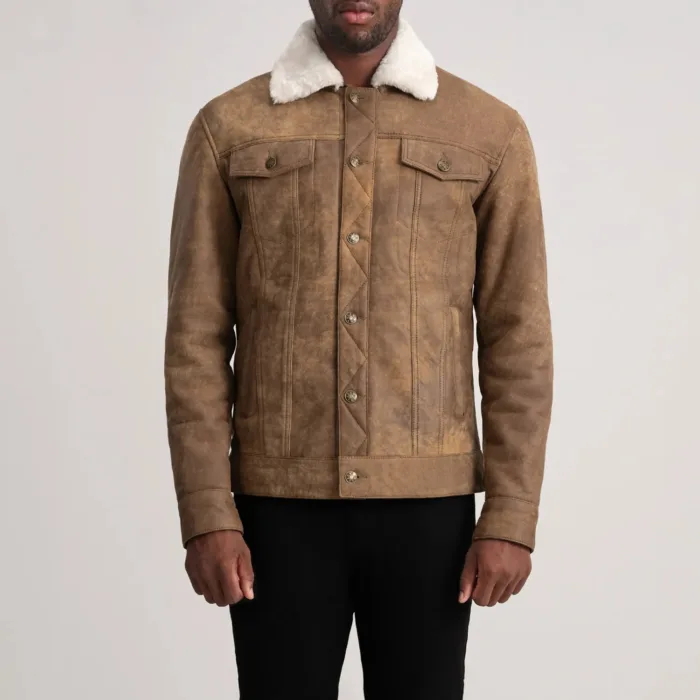 Dallis Distressed Brown Leather Shearling Trucker Jacket 4