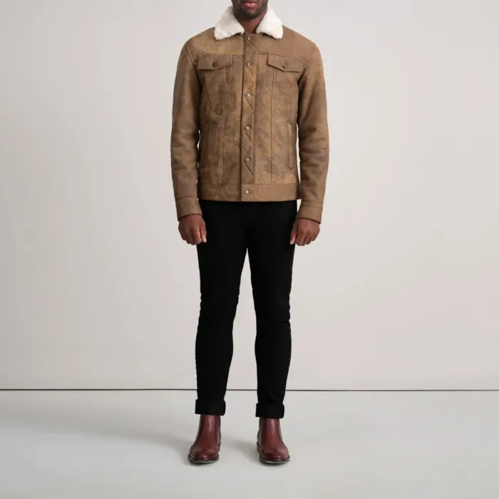 Dallis Distressed Brown Leather Shearling Trucker Jacket 3