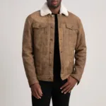 Dallis Distressed Brown Leather Shearling Trucker Jacket