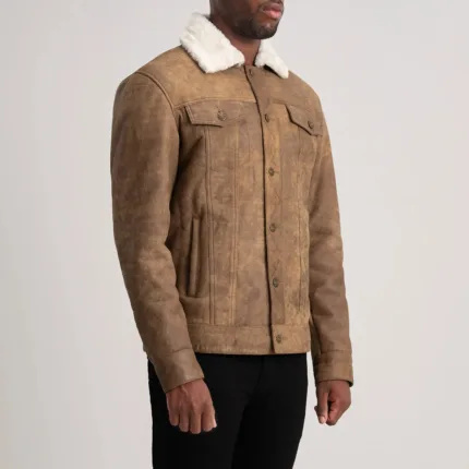 Dallis Distressed Brown Leather Shearling Trucker Jacket 2