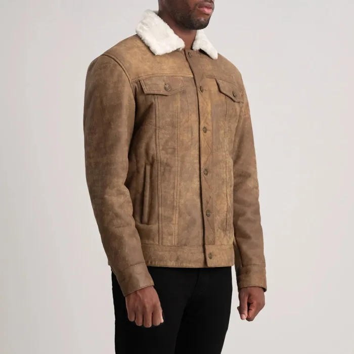 Dallis Distressed Brown Leather Shearling Trucker Jacket 2
