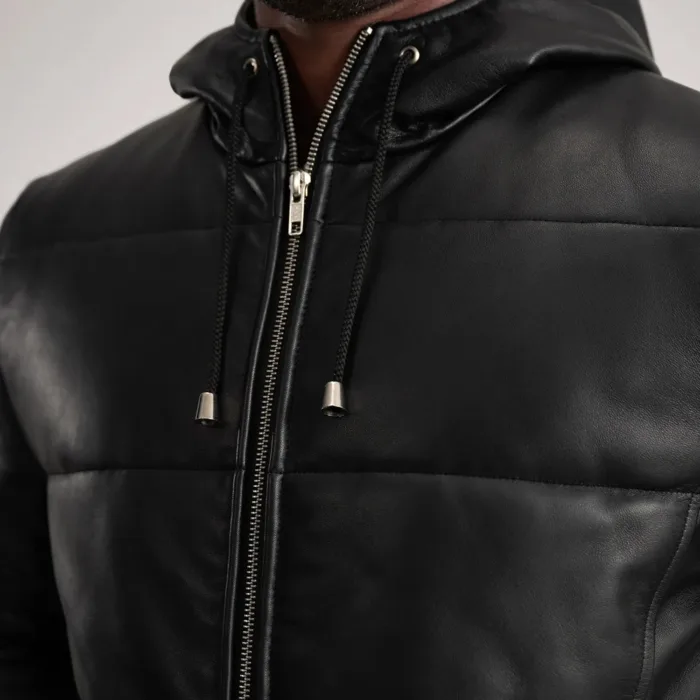 Floyd Black Hooded Leather Puffer Coat 6