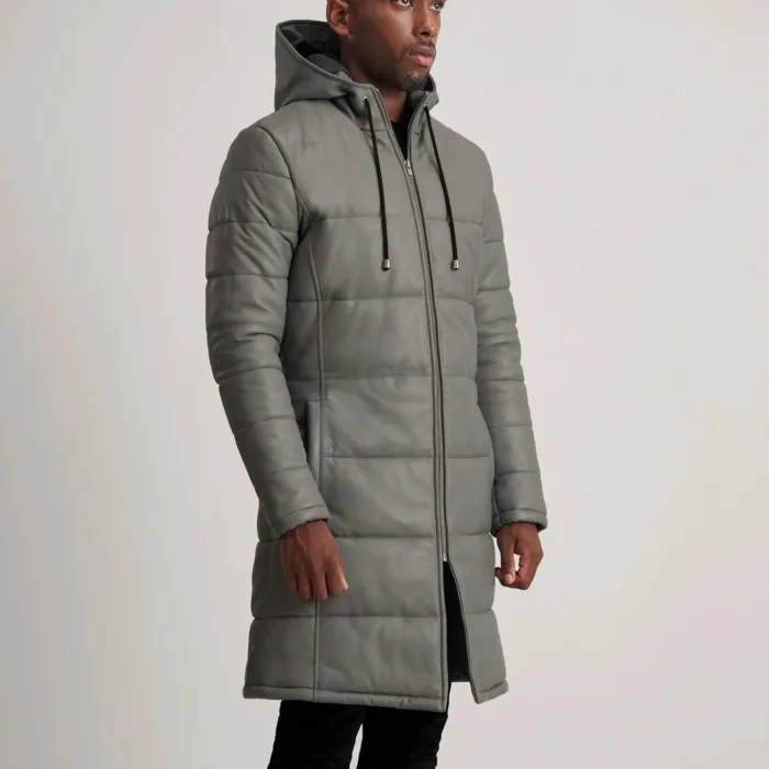 Floyd Grey Hooded Leather Puffer Coat 2