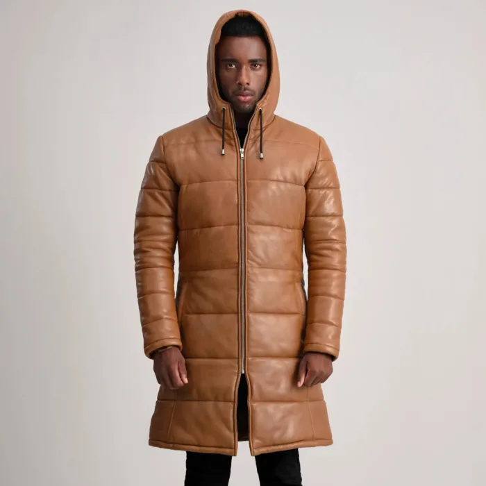 Floyd Tan Hooded Leather Puffer Coat 4