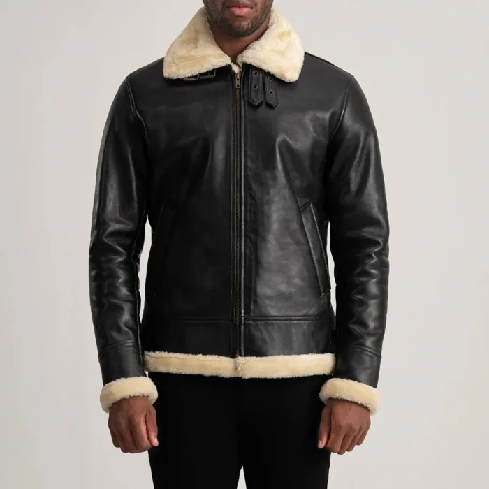Francis B-3 Black & Cream Leather Bomber Jacket 4