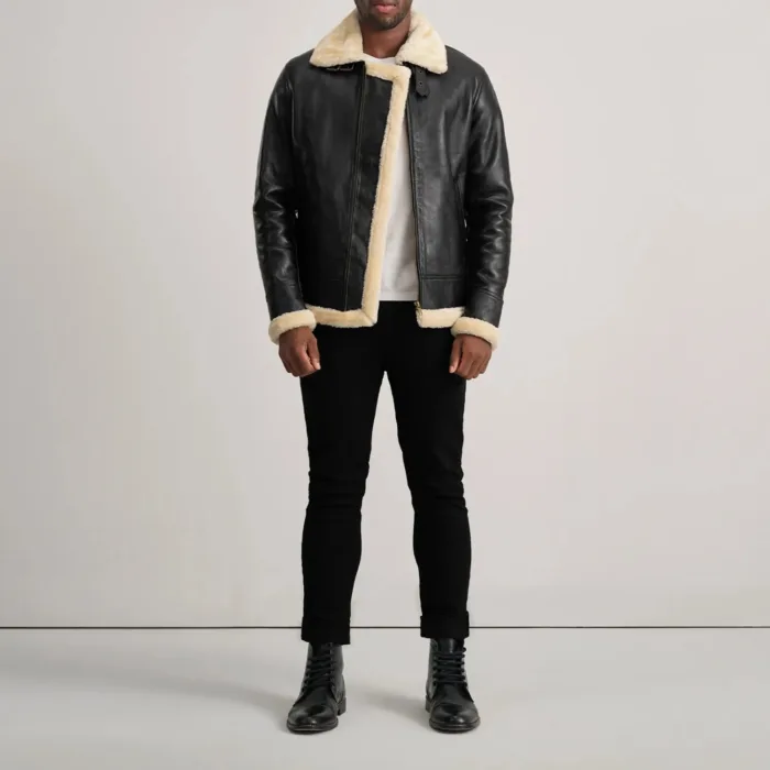 Francis B-3 Black & Cream Leather Bomber Jacket 3