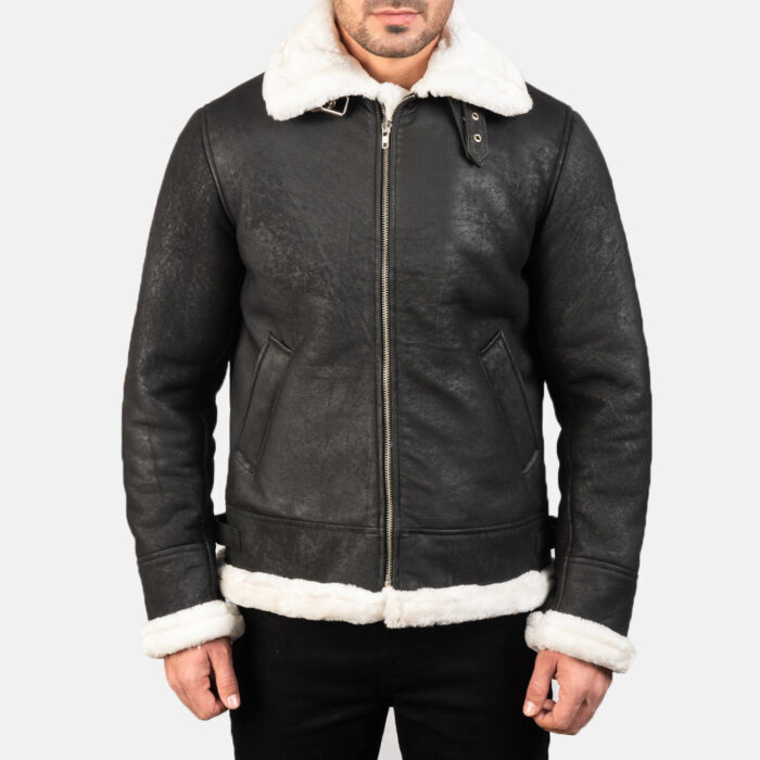 Francis B-3 Distressed Black Leather Bomber Jacket 4